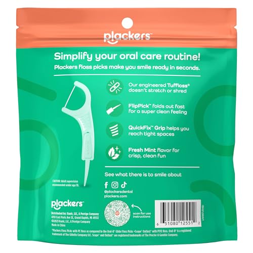 PLACKERS MICRO LINE DENTAL FLOSS PICKS, FOLD-OUT FLIPPICK, TUFFLOSS, EASY STORAGE WITH SURE-ZIP SEAL, FRESH MINT FLAVOR, 300 COUNT