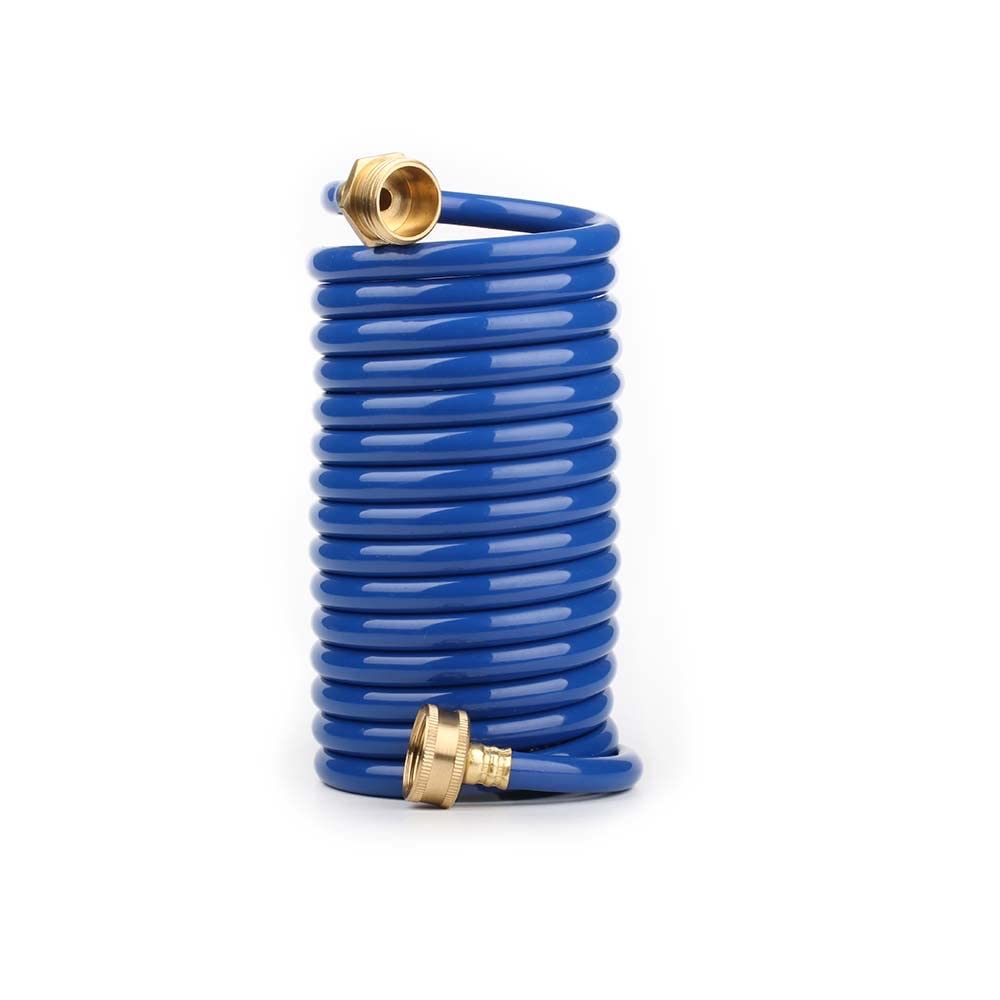 Photo 1 of FangFarm Heavy-Duty EVA Coil Garden Hose with GHT Solid Brass Fittings, Water Hose with Brass Connectors, for Garden Lawn Watering, Car Washing (15FT, Blue)