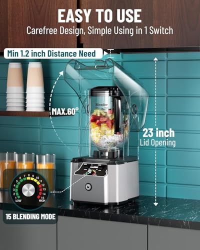 WantJoin Licuadora Comercial Profesional con Carcasa de Protección Acústica Silenciosa 2200W Potencia Industrial Fuerte y Silenciosa de Grado Profesional, Autolimpiante, Plateado