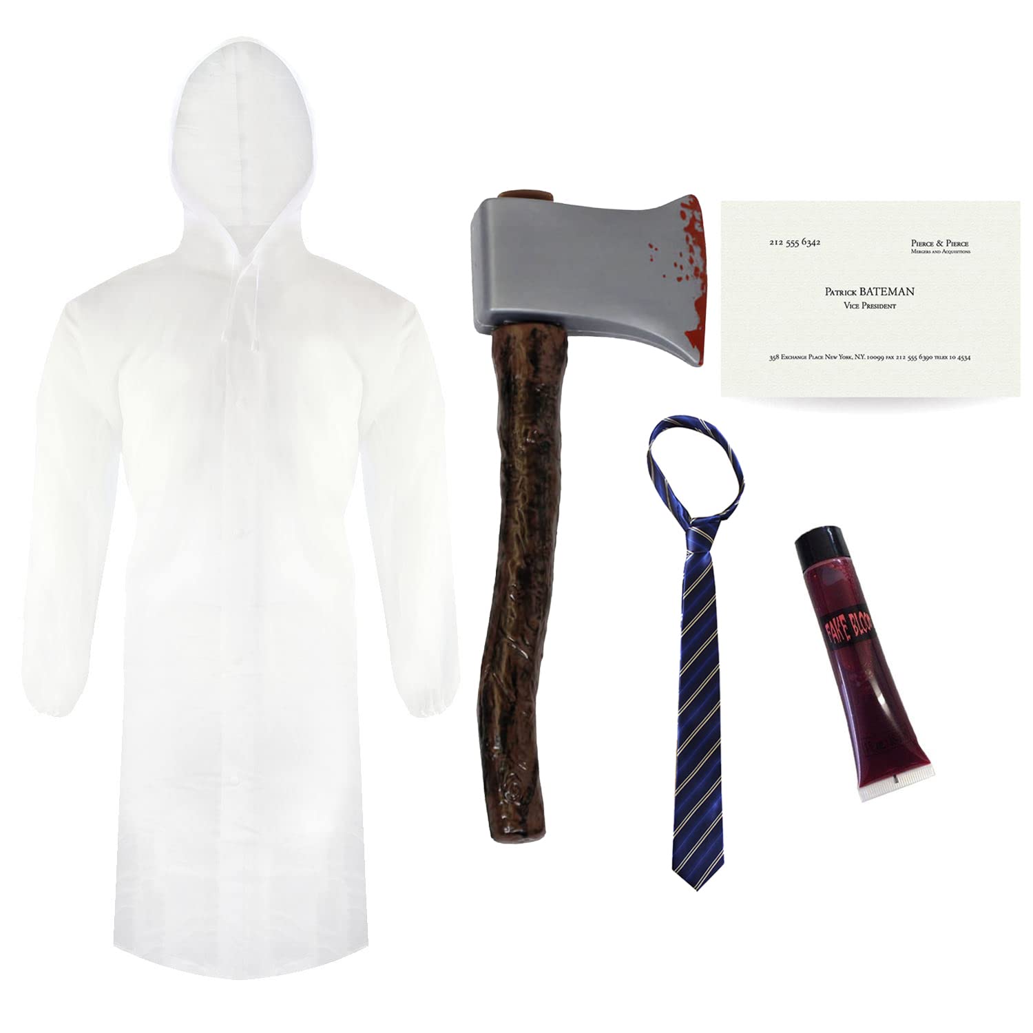 Adults Psycho Costume - Standard - Transparent Raincoat, Blue Tie, Fake Axe, Business Card and Fake Blood - Mens Psycho American TV Film Character Halloween Fancy Dress Costume