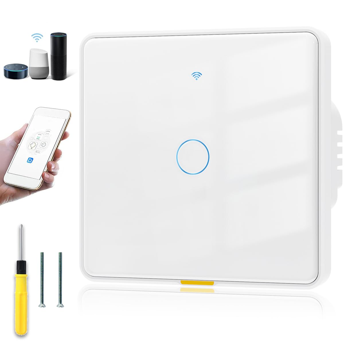 Acmerota WiFi Smart Light Touch Switch - Universal Wiring (No Neutral + Neutral Needed) 1 Gang Wall Remote Control Works with Alexa & Google