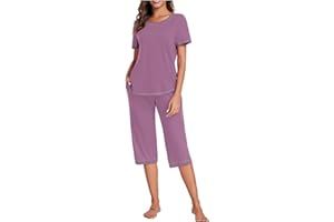 SOKHUG Women's Pajama Sets Capri Pant Sets Short Sleeve Sleepwear Sets Two Piece Pj Sets Round Neck Tee with Carpi Pants