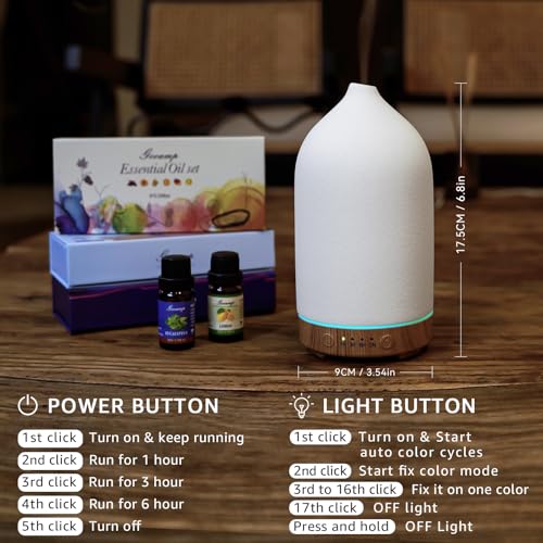 Gooamp 200ML Ceramic Essential Oil Diffuser for Home Humidifier | Ultrasonic Aromatherapy Diffuser Humidifier 7 Color LED Lights,Auto Shut-Off,3 Timers for Bedroom,Office,Yoga,Wood Grain Base
