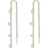 Gold Threader Earrings for Women,Dangle Long Chain with Zirconia, Dainty Duster Drop Earrings for Daily Work Date Night, Elegant Jewelry Gifts for Wedding Prom