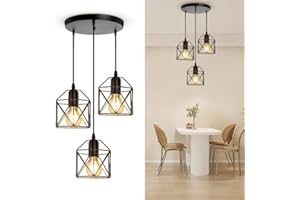CANMEIJIA 3-Light Pendant Light Fixtures, Farmhouse Kitchen Island Light Fixture, Industrial Hanging Pendant Lighting for Dining Room Bedroom, Black Metal Cage Pendant, E26 Base, Bulbs Not Included