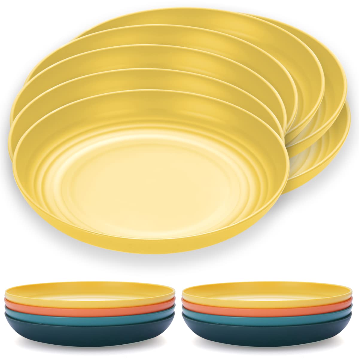 Kyraton 23 cm Large Deep Plastic Plates 8 Pieces, Unbreakable and Reusable Light Weight Dinner Plates Pasta and Dumpling Bowl Microwave Safe BPA Free Dishwasher Safe (Gold Yellow)