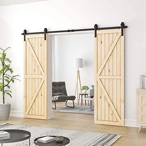 Homlux 8ft Heavy Duty Sturdy Sliding Barn Door Hardware Kit Double Door - Smoothly and Quietly - Simple and Easy to Install - Fit 1 3/8-1 3/4\