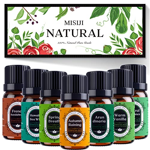 Natural Theme Essential Oils Set - Top 7 Aromatherapy Oils for Diffusers Humidifiers - Fragrance, Massages, Office, Soap Scents, Candle Making, Skin, Hair, Sleep, Calming, Relaxing, Home Care