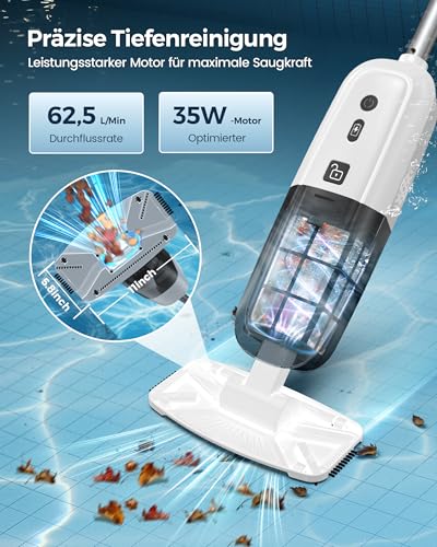 2026 Upgrade Pool Vacuum Cleaner Battery, Pool Handheld Vacuum Cleaner with Operating Time up to 70 Minutes, 250 cm Extension Poles, Pool Cleaner with 180 μm Filter, Ideal for Above Ground Pool and
