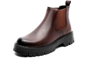 Mens Genuine Leather Chelsea Boots Platform Chunky Heel Ankle Boots for Men Casual Slip On Lug Sole Work Dress Boot