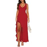 Women Sexy V Neck Sleeveless Mesh Ruffle Hem Bodycon Maxi Casual Backless High Slit Cocktail Party Dress