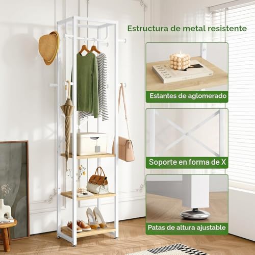 IBUYKE Perchero independiente con 3 estantes y 8 ganchos, perchero industrial para entrada, pasillo, dormitorio, 180 x 40 x 30 cm, color natural y blanco TMJ088R