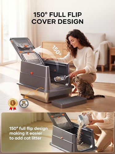 Extra Large Stainless Steel Cat Litter Box with Lid, Enclosed High Sided Metal Litter Pan for Large & Multiple Cats, Dog Proof, Non-Sticky, Anti-Leakage, Easy Clean with Scoop & Step, Dark Grey