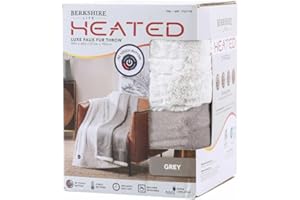 Berkshire Life Heated Throw - 50 in X 60 in Electric Blanket - EZ Touch Button - 4 Heat Settings - Machine Washable - Extra Long Cord - Reversable White Luxe Faux Fur to Color - Grey