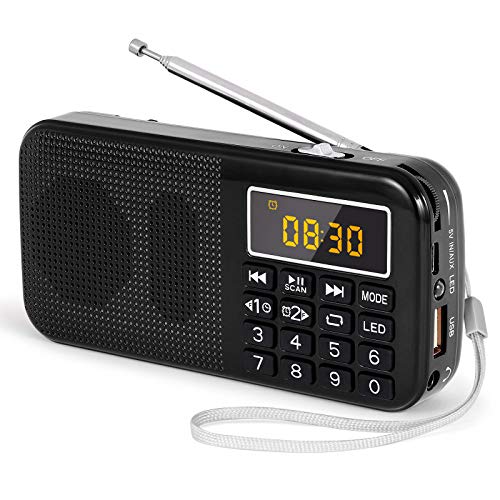 PRUNUS J-725 Portable Rechargeable Radio, FM Radio with 3000mAh Rechargeable Battery, Small Portable Digital Radio with Clock/Alarm Clock and Emergency Lighting, Support MP3/SD/USB/AUX
