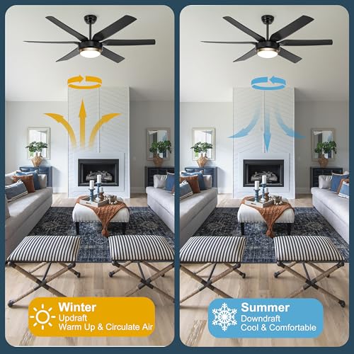 Ohniyou - Ventiladores de techo con luces, ventilador de techo negro de 56 pulgadas, control remoto/aplicación, regulable, silencioso motor de CC para interiores y exteriores