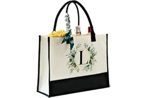 CROWNED BEAUTY Canvas Tote Bag with Zipper Pocket, Personalized Birthday Gift for Women, Floral Initial Letter L Bag for Vacation Beach CT12-L