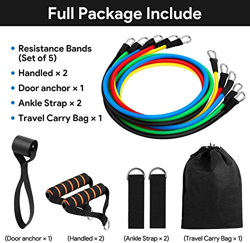 COSMIRROR Resistance Bands Set for Women & Men (11pcs), 5 Stackable Exercise Workout Bands with Door Anchor, Handles and Ankle Straps, Carrying Bags for Resistance Training and Physical Therapy