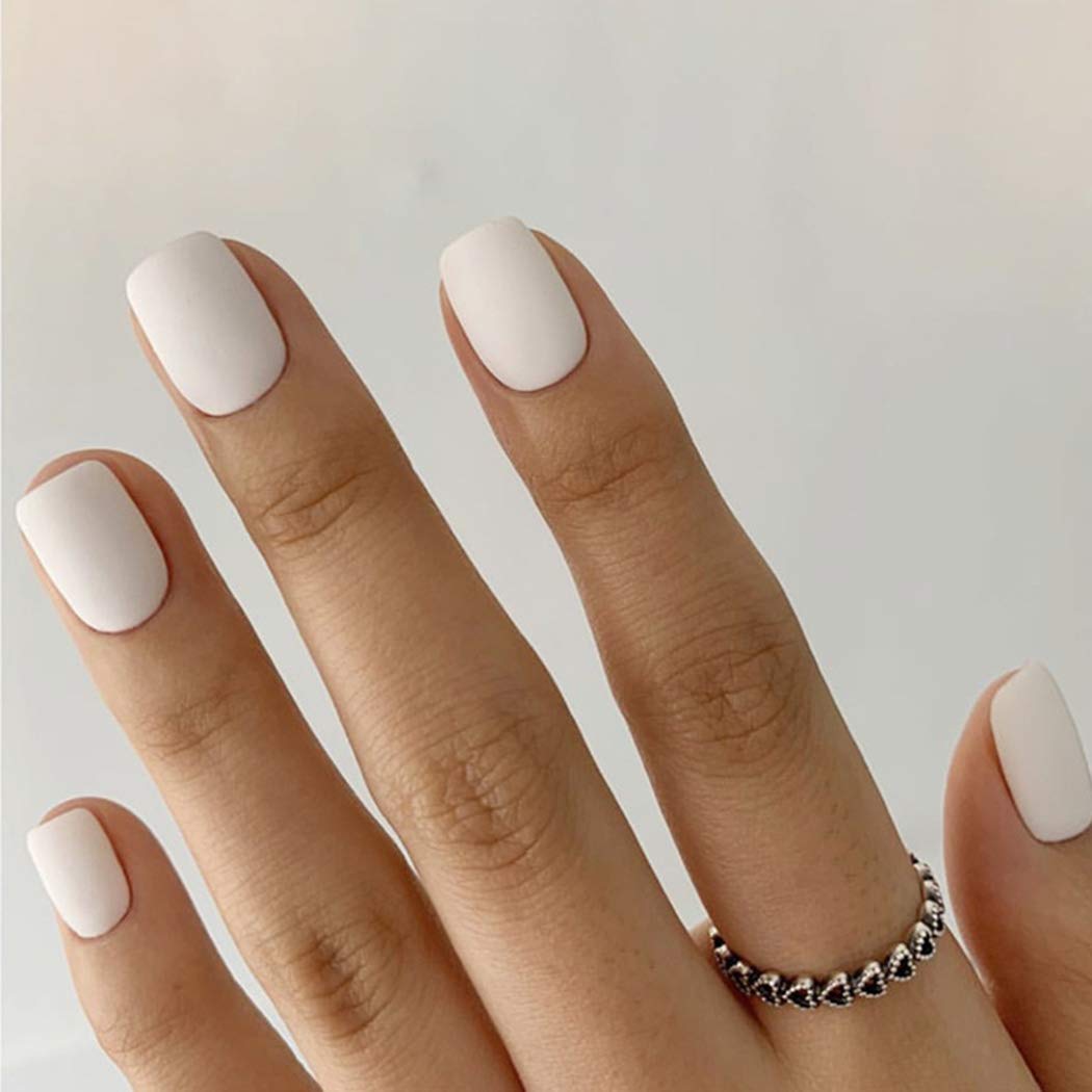 Sethexy White Pure Color False Nails Short Square Nail Tips 24Pcs Matte Acrylic Stick on Nails for Women and Girls