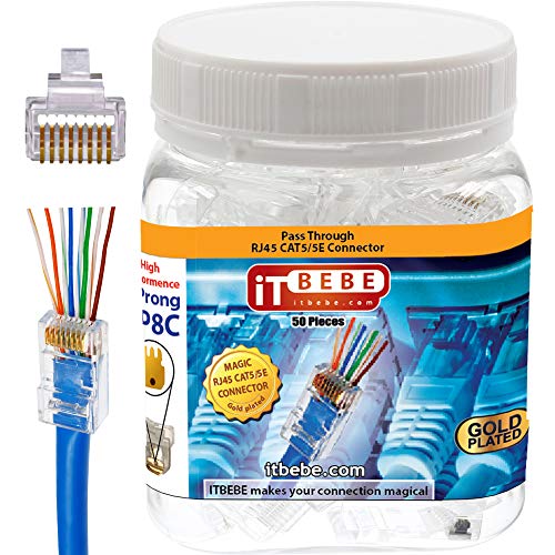 ITBEBE Gold Plated RJ45 cat5, cat5e 8P8C 50 pieces Pass Through 3 Micron 3u 3 Prong premium Connectors