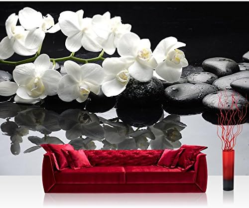 Photo wallpaper - flowers ornaments orchid - 118.1"W by 82.6"H (300x210cm) - Non-woven PREMIUM PLUS - WHITE ORCHIDS ON BLACK STONES - Wall Decor Photo Wall Mural Door Wall Paper Posters &amp; Prints