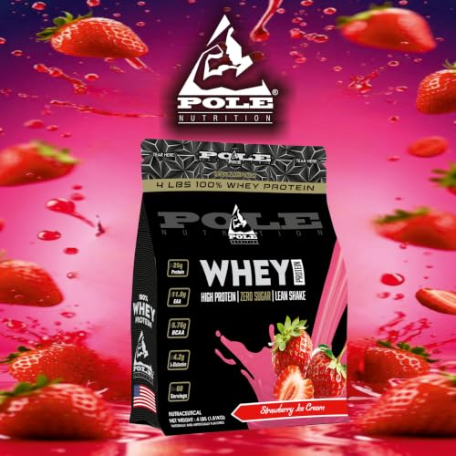 Pole Nutrition Whey Protein | Lean Muscle Shake | High Protein, Zero Sugar (1.81 Kg) | Supports Recovery & Muscle Growth (4 Lbs, STRAWBERRY ICE CREAM)
