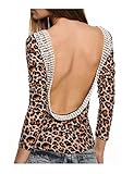 Zeagoo Women Sexy Long Sleeve Backless Lace Decor Casual Club Tops Blouse