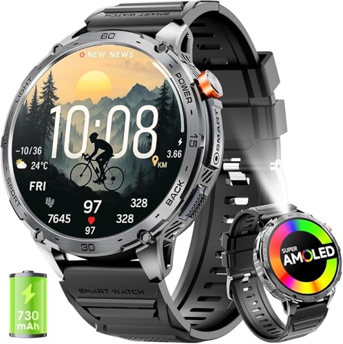 Reloj Inteligente Hombre 1,75" AMOLED 730mAh 110+ Modos Deportivos, Reloj Militar Hombre Pulsómetro/Sueño/Podómetro/IP68 Impermeable, Smartwatch con LED Linterna para Android iOS (Llamadas Bluetooth)