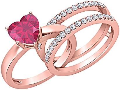 Lovely 3.00 ct.tw Heart Shaped Created Ruby with White Sapphire 14K Rose Gold Plated Enhancer Wedding Set