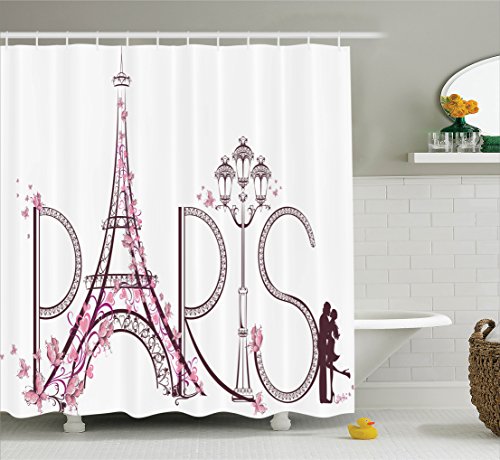 Ambesonne Paris City Decor Collection, Tower Eiffel with Paris Lettering Illustration Couple Trip Flowers Floral Artful Design, Polyester Fabric Bathroom Shower Curtain Set with Hooks, Pink White