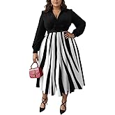Women's Plus Size Maxi Dress Long Sleeves V Neck Button Down A Line Swing Dress