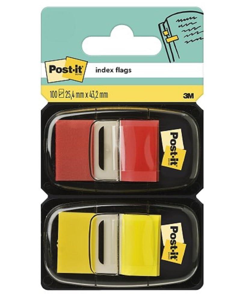 Post-it Index Flags, Medium, Red and Yellow, 2 Dispensers 25.4 mm x 43.2 mm, 100 Flags - To Mark, Highlight or Colour Code Important Information