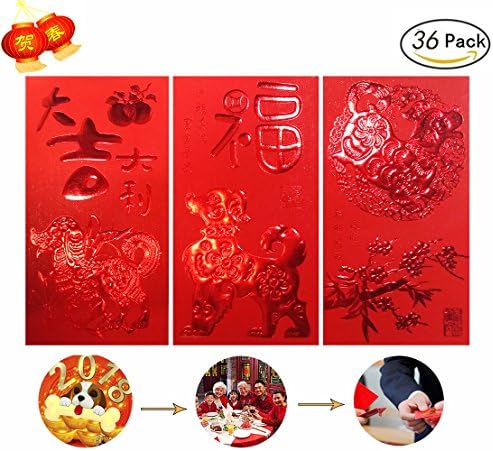 Chinese Red Envelopes Red Money Envelopes 5 Design Pack of 30 Hong Bao Gift for Wedding Baby Kids Birthdays Chinese New Year (Dog Envelopes)