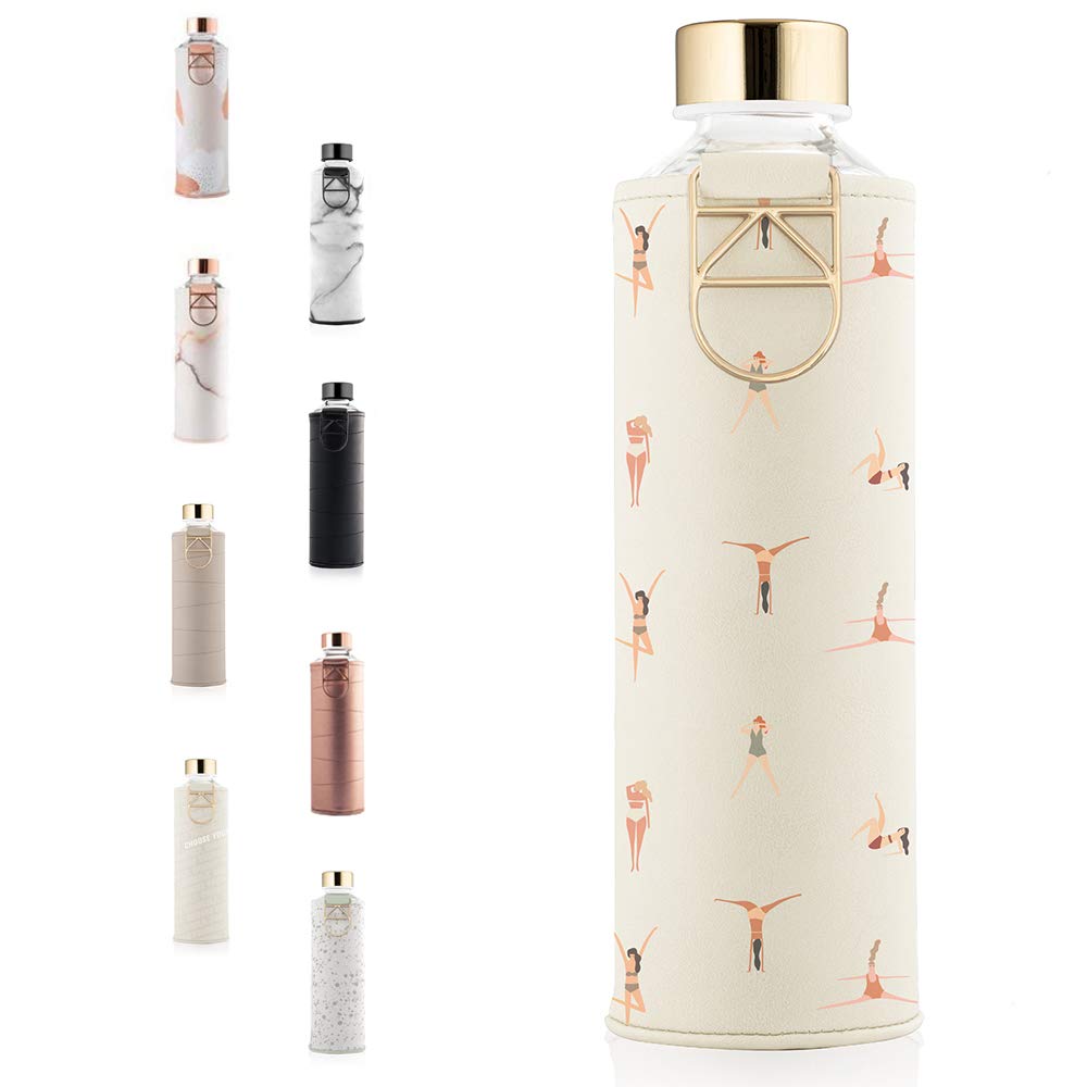 EQUA Glass Water Bottle with Faux Leather Sleeve, 750ml, Leak Proof and BPA, 100% Borosilicate Glass, MM Faux PL