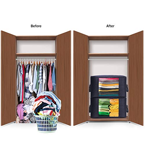 Clothes Storage Organizer, Large Storage Container with Thickened Handles for Bedding, Clothes and Blankets, Strong Zippers, Transparent Windows, 4 Pieces (Blue)