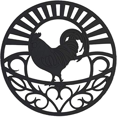 Silicone Trivet Set For Hot Dishes | Modern Kitchen Hot Pads For Pots & Pans | Country Rooster Design (Symbol of Prosperity & Good Luck) Mimics Cast Iron Trivets | 7.5" Round, Set of 3, Black