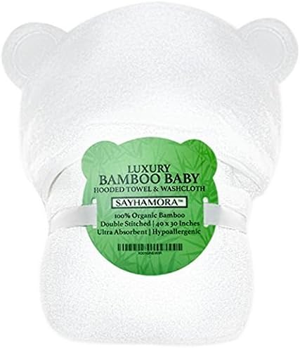 Sayhamora Luxury Organic Hooded Bamboo Bath Towels with Bear Ears for Kids, Toddlers and Babies - Large 40 x 30 inches & Bonus Washcloth