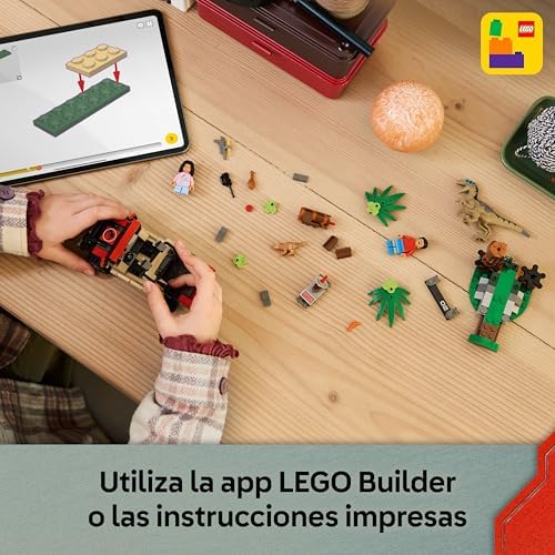 Jurassic World Huida en Todoterreno y Raptor al Acecho - 2 Figuras de Dinosaurios, Coche de Juguete y 2 Minifiguras - Regalo para Niños de 6+ Años y Fans de la Película 76972