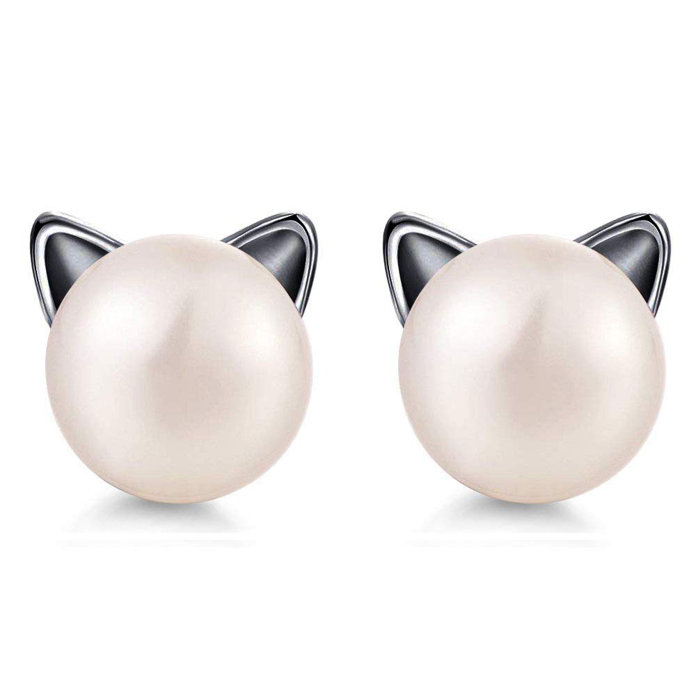 Cat Stud Earrings Freshwater Pearl Earrings Jewellery for women mens girls kids 925 Sterling Silver Ear Studs Birthday mother's day christmas gift