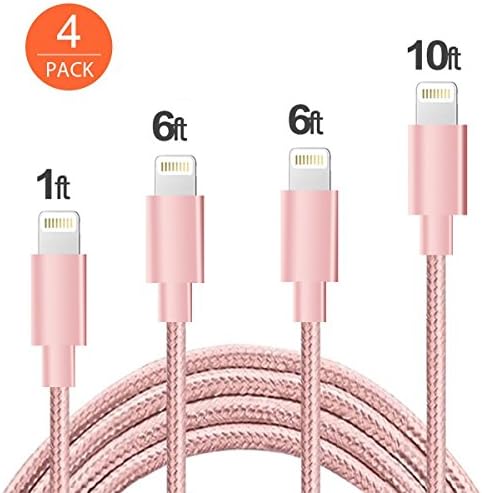 Lightning Cable, 4Pack 3FT, 6FT, 6FT, 10FT certified nylon braided cable iPhone cable through the iPhone 7/8, 7 Plus, 6S, 6 +, SE, 5S, 5, iPad Air / Mini, iPod Nano 7 USB charging cable Rose gold