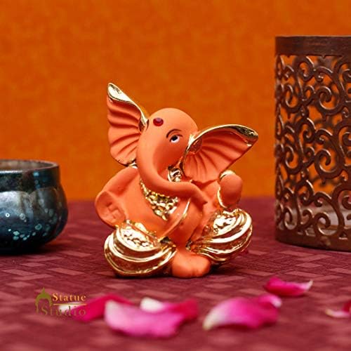StatueStudio Polyresin Lord Ganesha Statue Mini Handmade (2.5inch, Orange and Silver)
