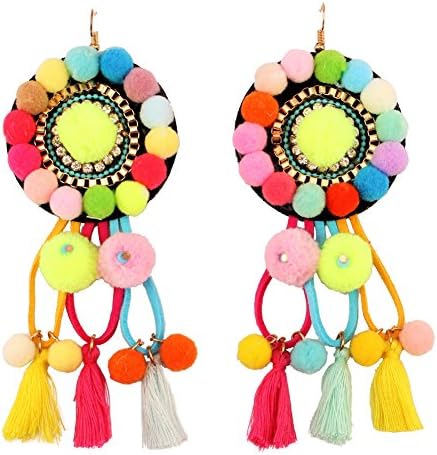 Rope Tassel Pendant Pom Pom Ball Ethnic Dangle Earrings for Women Rhinestone Drop (Multicolor)