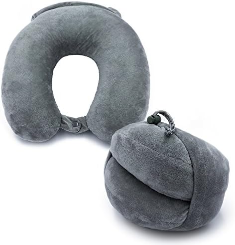 TravelBear Foldable Travel Neck Pillow with Earbuds & Eye Mask - Inflatable Memory Foam Headrest & Neck Support - Washable - U Shaped Cushion