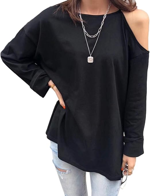 Amazon Yyq Shop レディース 長袖 Tシャツ オフショルダー カットソー 肩出し ティーシャツ ストリート系 ファッション プルオーバー ロンt おしゃれ ストリート系 Freesize黒 Tシャツ カットソー 通販