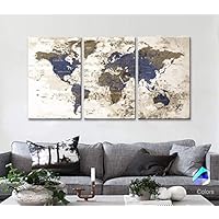 Original by BoxColors LARGE 30"x 60" 3 panels 30x20 Ea Art Canvas Print Watercolor Beige Old Map World Push Pin Travel Wall home decor (framed 1.5" depth) M1811