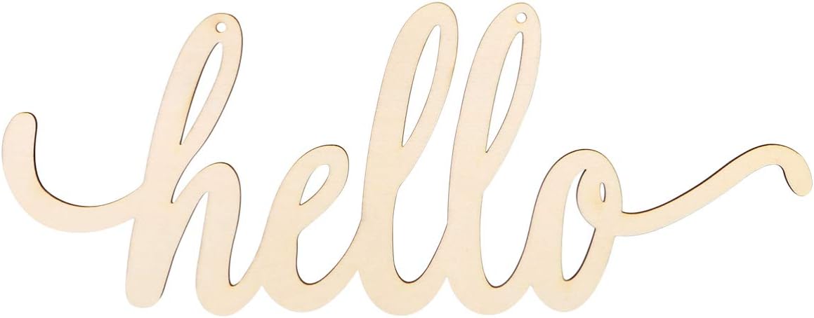 Vosarea Unfinished Wooden Hello Sign Beautiful Hello Sign Decor for Wreath Home Front Door Wall Art Decoration, 13.7x5.5inch