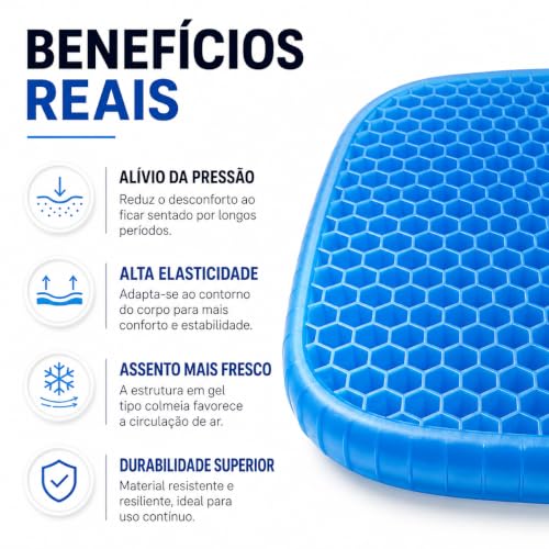 Almofada Ortopédica de Assento em Gel Silicone com Capa (Cóccix/Coluna) | Capa Lavável Antiderrapante, Para Cóccix, Coluna, Hemorroida, Para Idosos, Escritório, Cadeira de Rodas, Carro, Casa