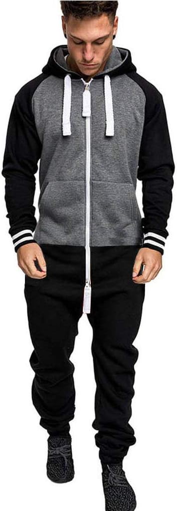 Rosennie Mens Onesies,Men Pure Colour Jumpsuit Fashion Casual Zipper Autumn Winter Splicing Fitness Sweatshirt Slim Romper Hooded Pocket Sport Tracksuit Playsuit