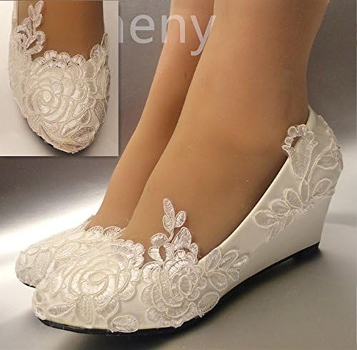 JINGXINSTORE White Lace Wedding Shoes 5 Cm Low Wedges Bridal Size 5-11