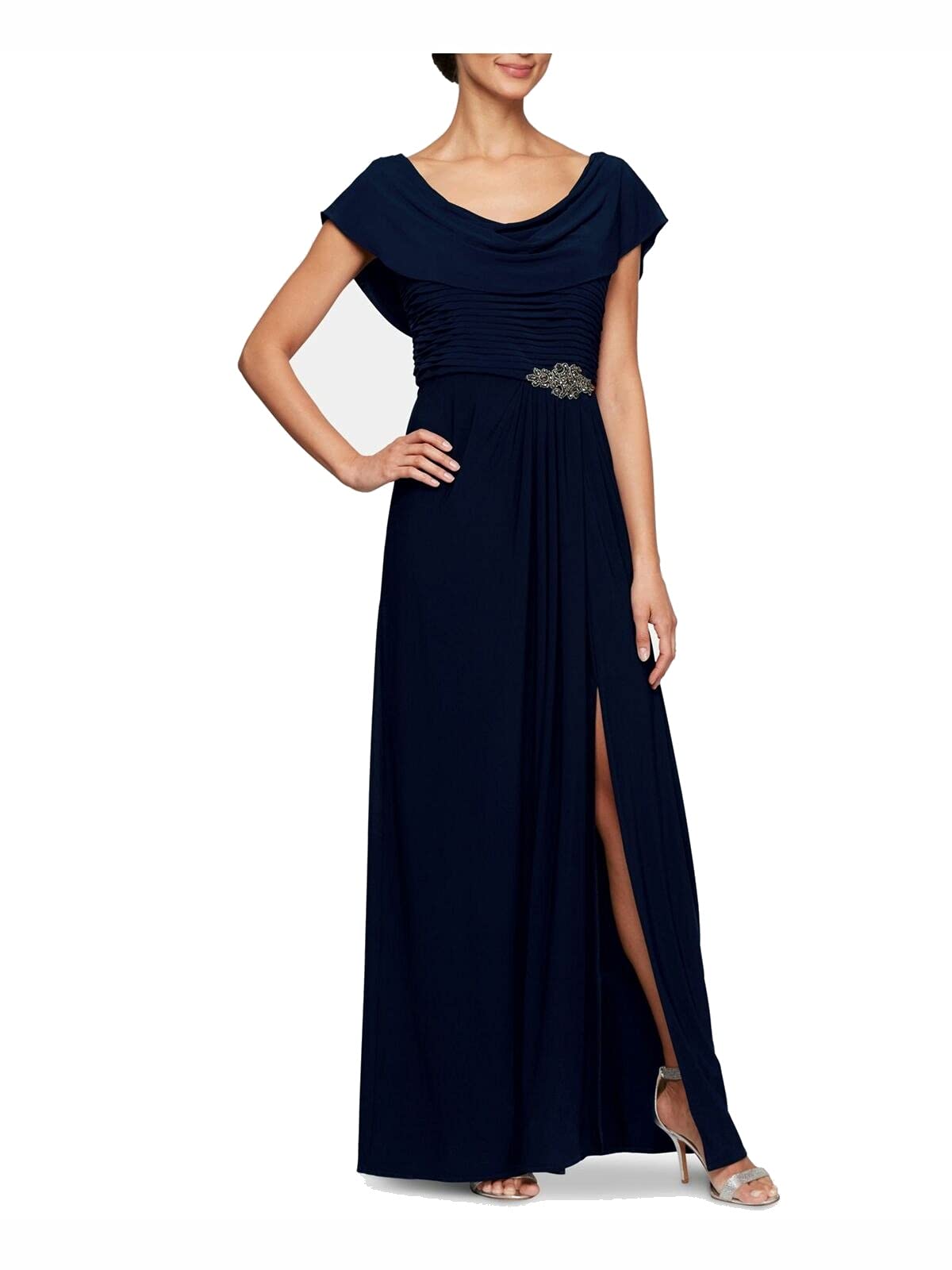 Alex Evenings Women’s Long Cowl Neckline Mother of The Bride Dress, Formal Event Gown Regular Sizes, Navy, 12 Petite